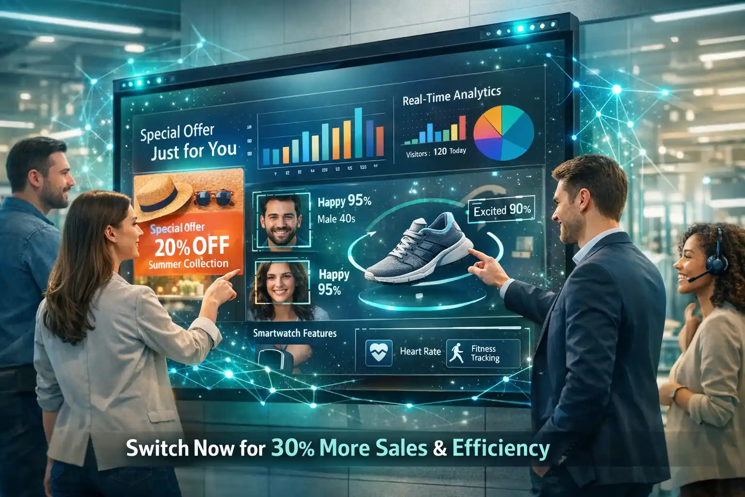 AI-driven interactive display showing real-time personalized content and analytics in a modern retail store with engaged customers touching the smart touchscreen