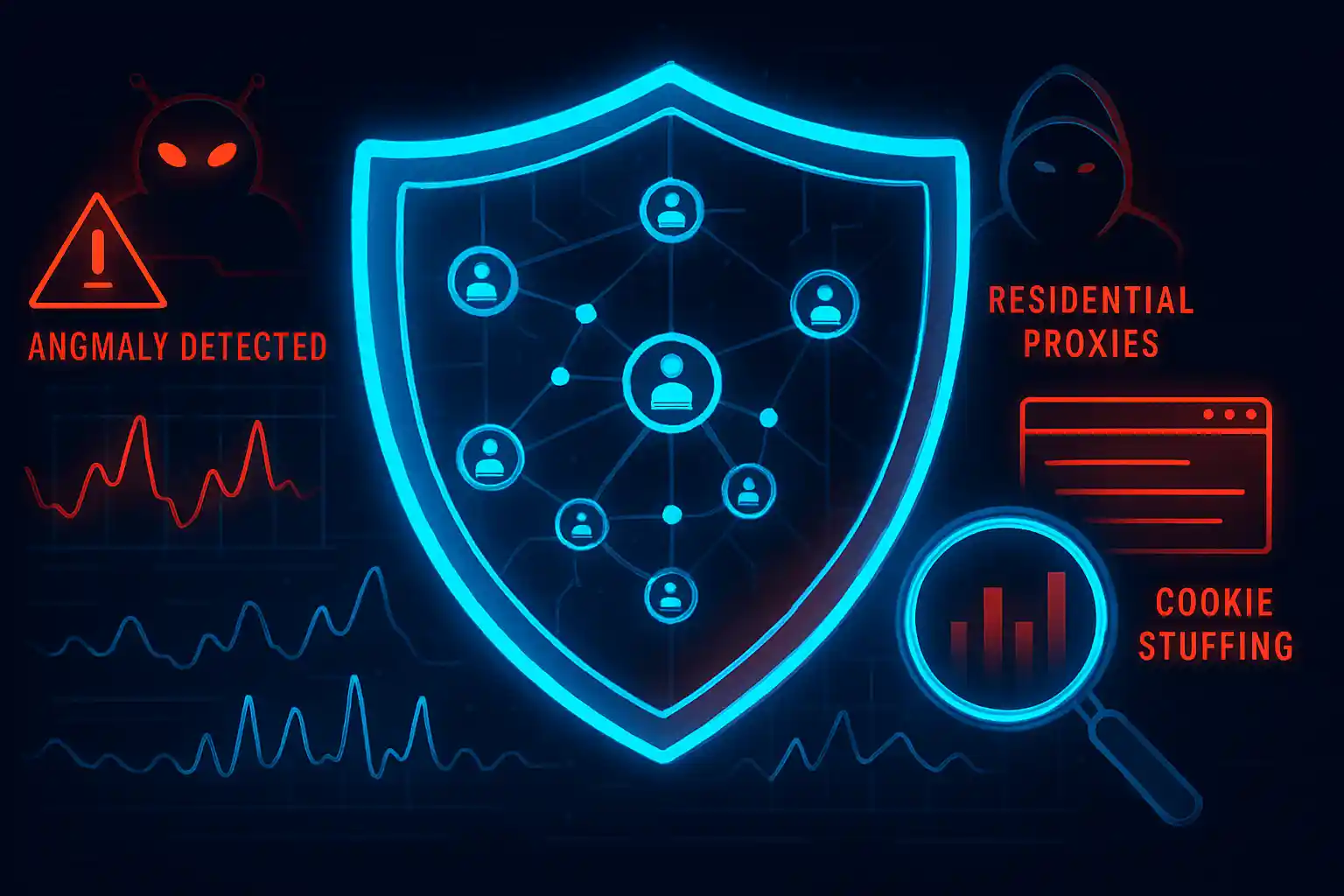 Protective shield defending affiliate network against fraud bots and syndicates in a digital cybersecurity landscape