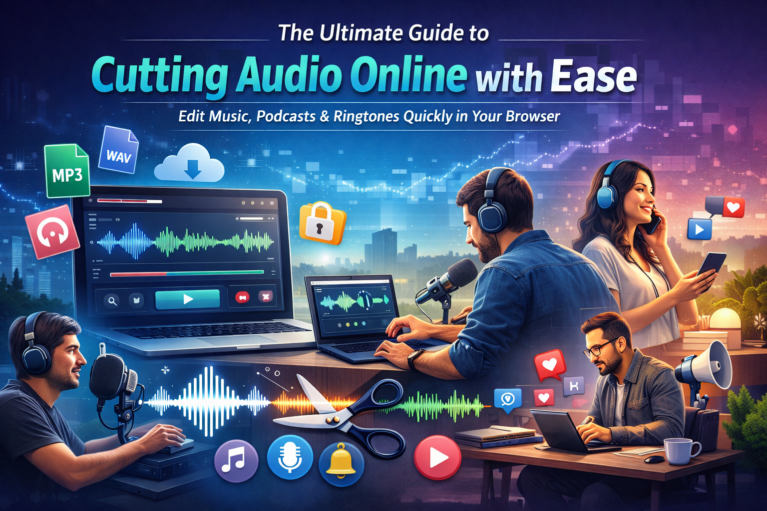 Online audio cutting tool interface showing waveform editing for trimming music and creating audio clips easily