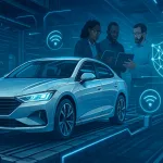 Futuristic Illustration Of Automotive Software Development With Electric Vehicle, Ai Code Overlays, And Engineering Team.