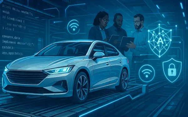 Futuristic Illustration Of Automotive Software Development With Electric Vehicle, Ai Code Overlays, And Engineering Team.