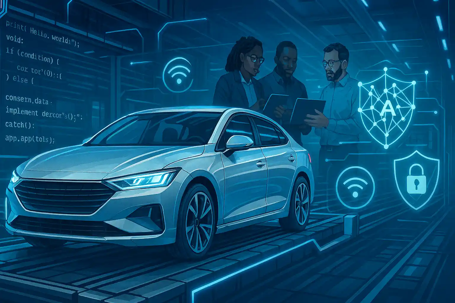 Futuristic illustration of automotive software development with electric vehicle, AI code overlays, and engineering team.