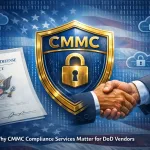 Cmmc Compliance Shield With Dod Contract And Secure Handshake Illustrating Protection For Defense Vendors
