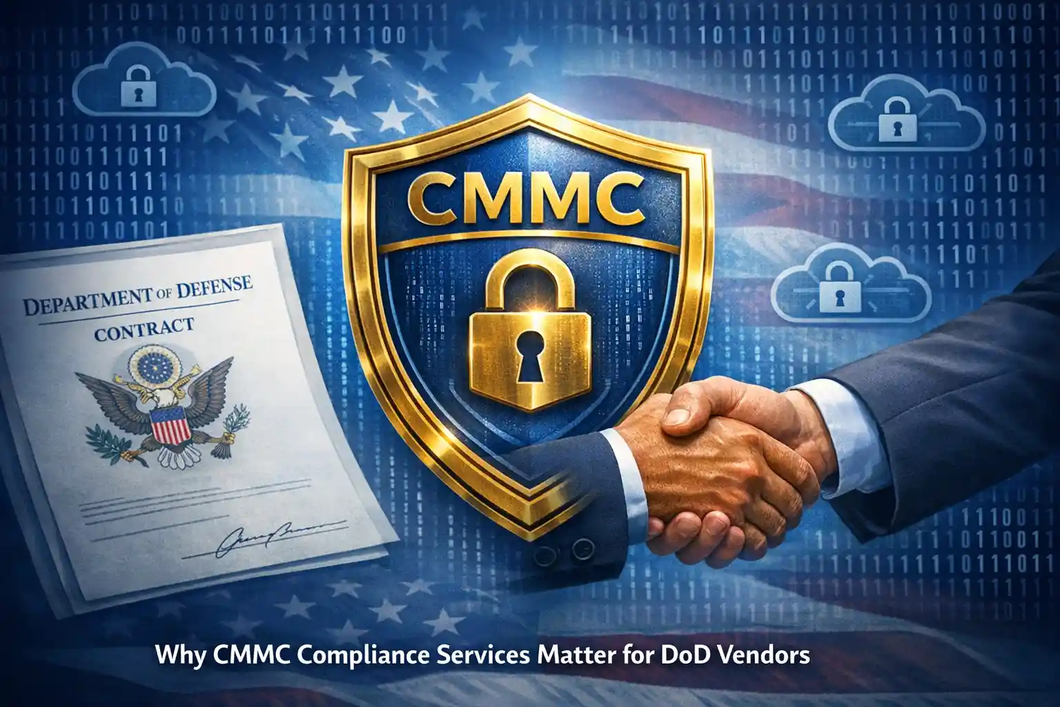 CMMC compliance shield with DoD contract and secure handshake illustrating protection for defense vendors
