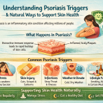 Infographic Explaining Psoriasis Triggers, Symptoms, And Natural Ways To Support Skin Health Including Stress Management, Skincare, And Healthy Lifestyle Habits.