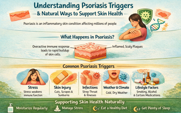 Infographic Explaining Psoriasis Triggers, Symptoms, And Natural Ways To Support Skin Health Including Stress Management, Skincare, And Healthy Lifestyle Habits.