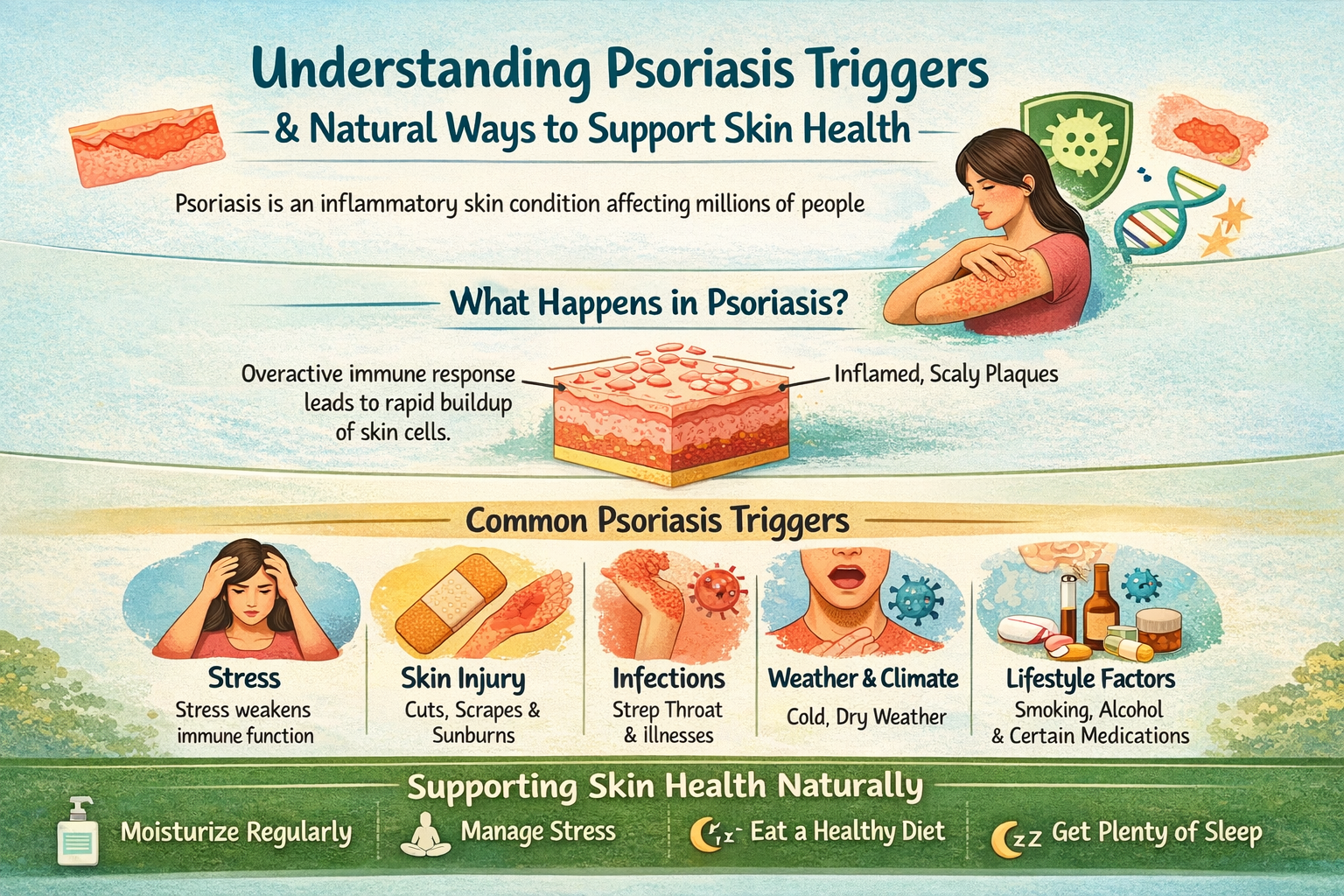 Infographic explaining psoriasis triggers, symptoms, and natural ways to support skin health including stress management, skincare, and healthy lifestyle habits.