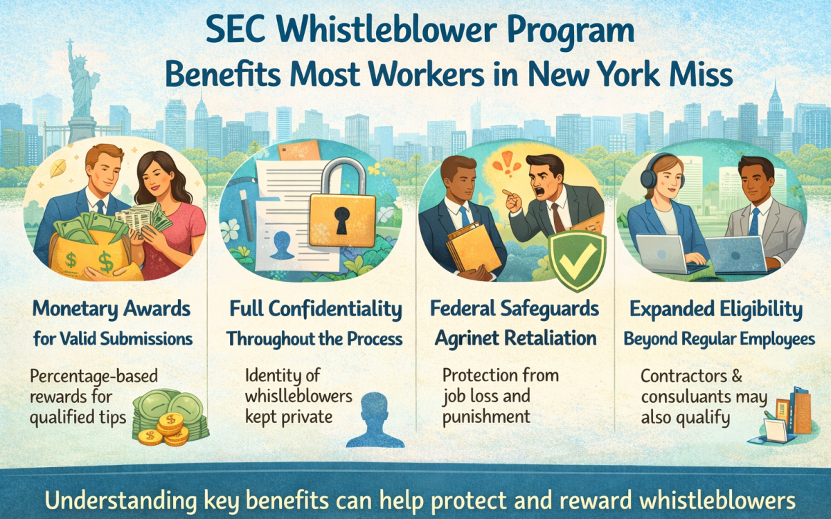 Illustration Explaining Key Benefits Of The Sec Whistleblower Program Including Monetary Rewards, Confidentiality Protection, And Safeguards Against Retaliation.