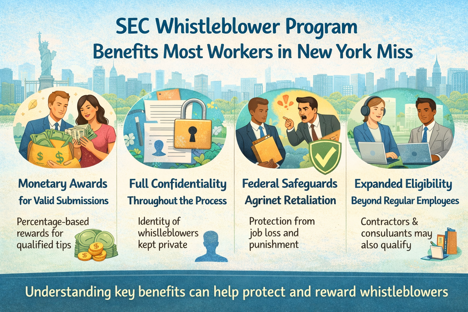 Illustration explaining key benefits of the SEC Whistleblower Program including monetary rewards, confidentiality protection, and safeguards against retaliation.