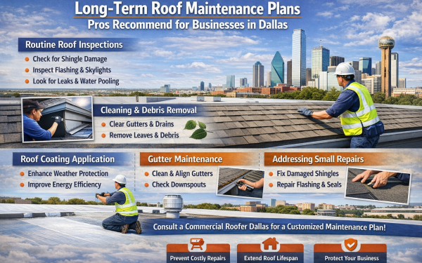 Commercial Roofer Inspecting A Business Roof In Dallas Showing Long-Term Roof Maintenance Plan Including Inspections, Gutter Cleaning, Roof Coating, And Repairs.