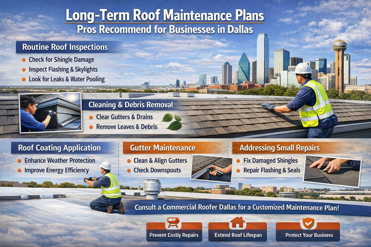 Commercial roofer inspecting a business roof in Dallas showing long-term roof maintenance plan including inspections, gutter cleaning, roof coating, and repairs.