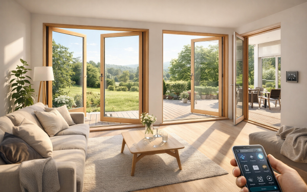 Modern Scandinavian Living Room With Danish Outward-Opening Windows Bringing Natural Light Into A Smart Home Interior.