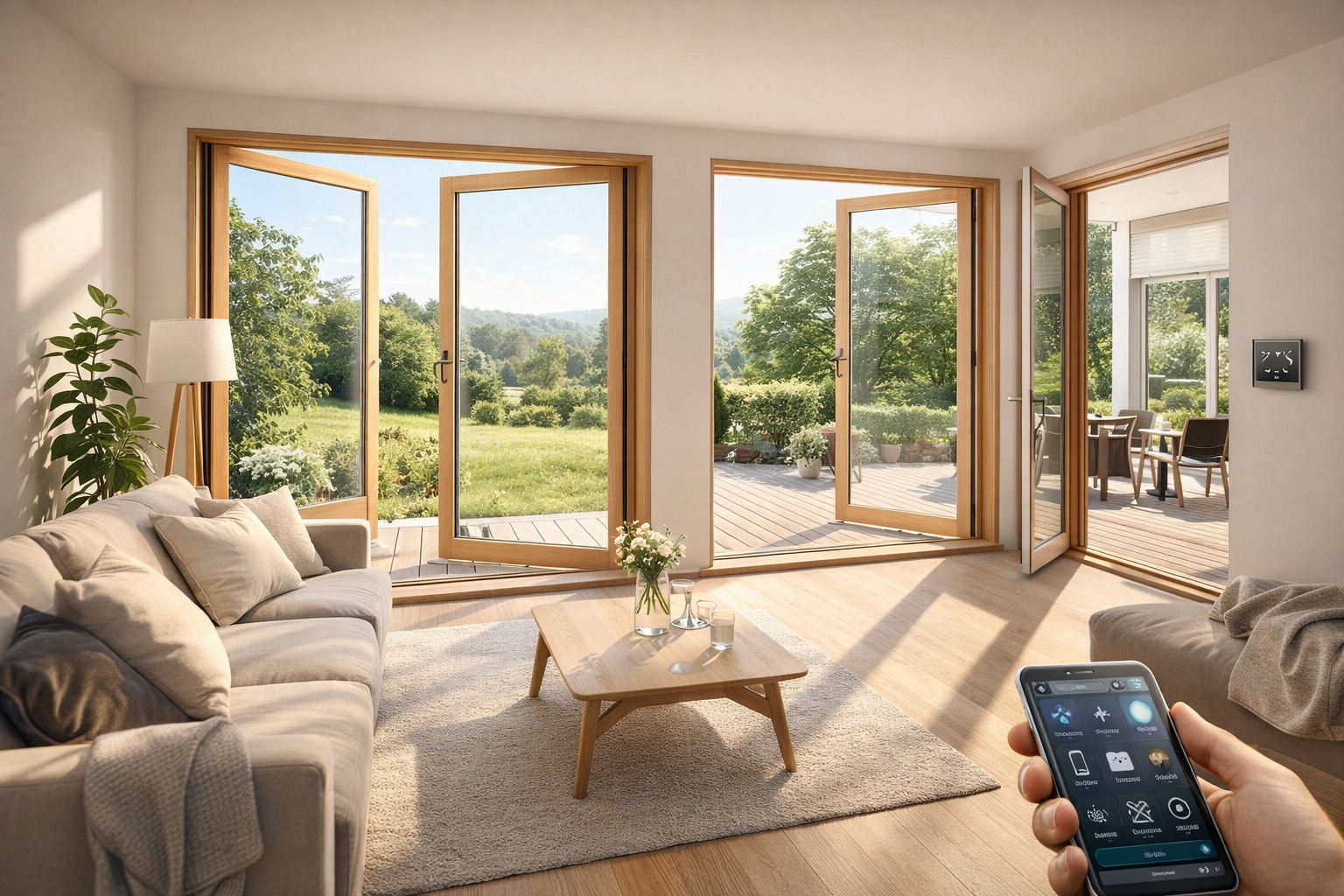 Modern Scandinavian living room with Danish outward-opening windows bringing natural light into a smart home interior.
