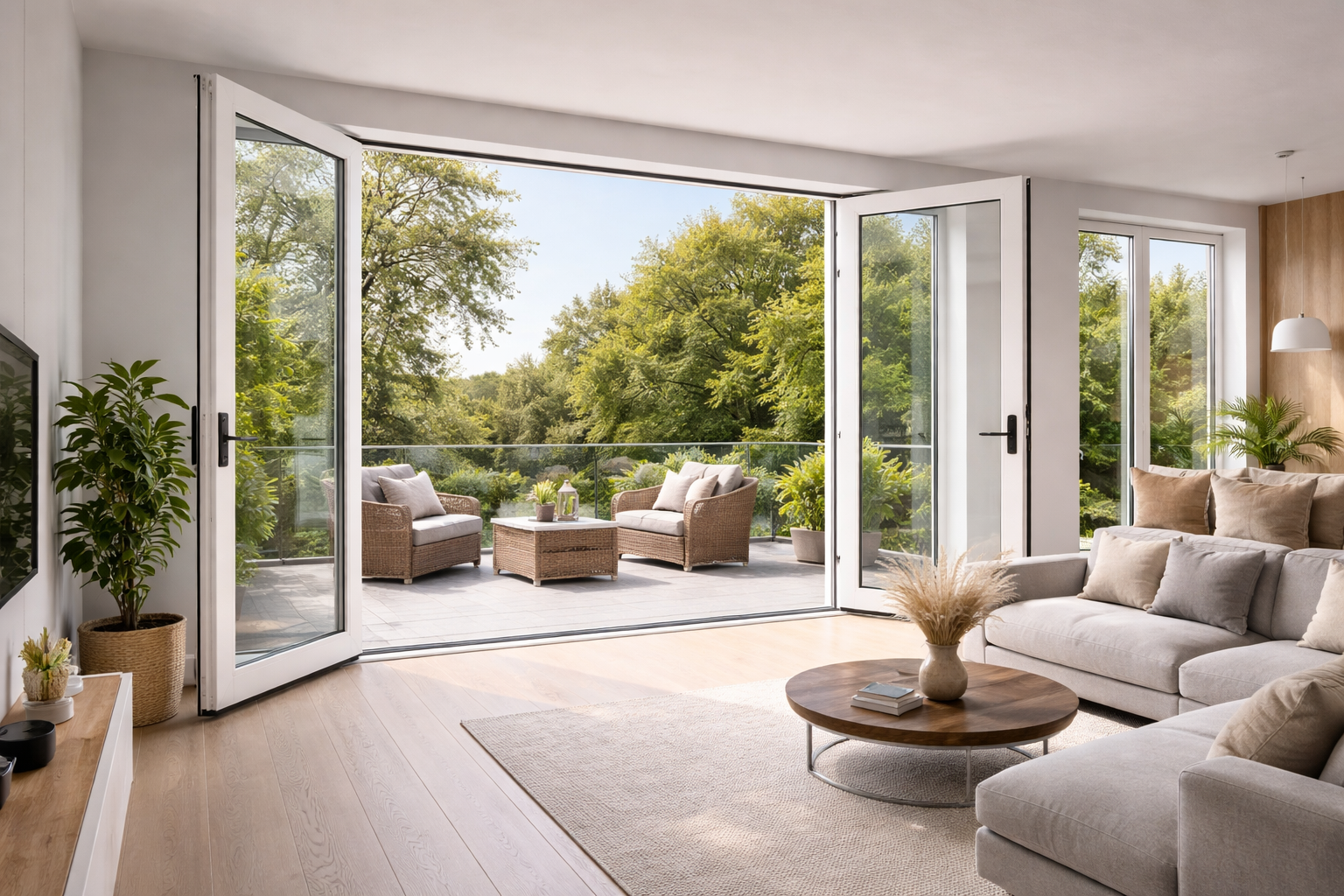 Modern living room with double balcony doors opening to a spacious balcony, allowing natural light and seamless indoor-outdoor connection.