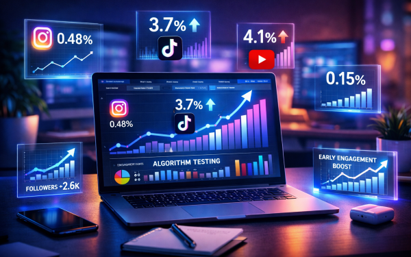 Social Media Analytics Dashboard Showing Engagement Rate Growth On Instagram, Tiktok, Youtube And Facebook In 2026.