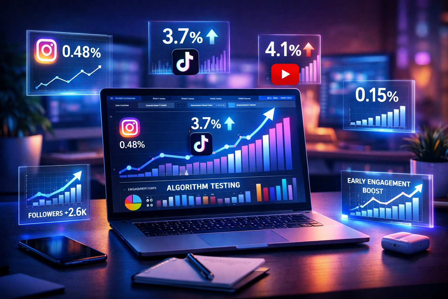Social media analytics dashboard showing engagement rate growth on Instagram, TikTok, YouTube and Facebook in 2026.