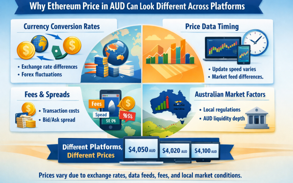 Infographic Explaining Why Ethereum Price In Aud Varies Across Crypto Platforms Due To Currency Conversion, Timing Differences, Fees, Spreads, And Australian Market Liquidity.