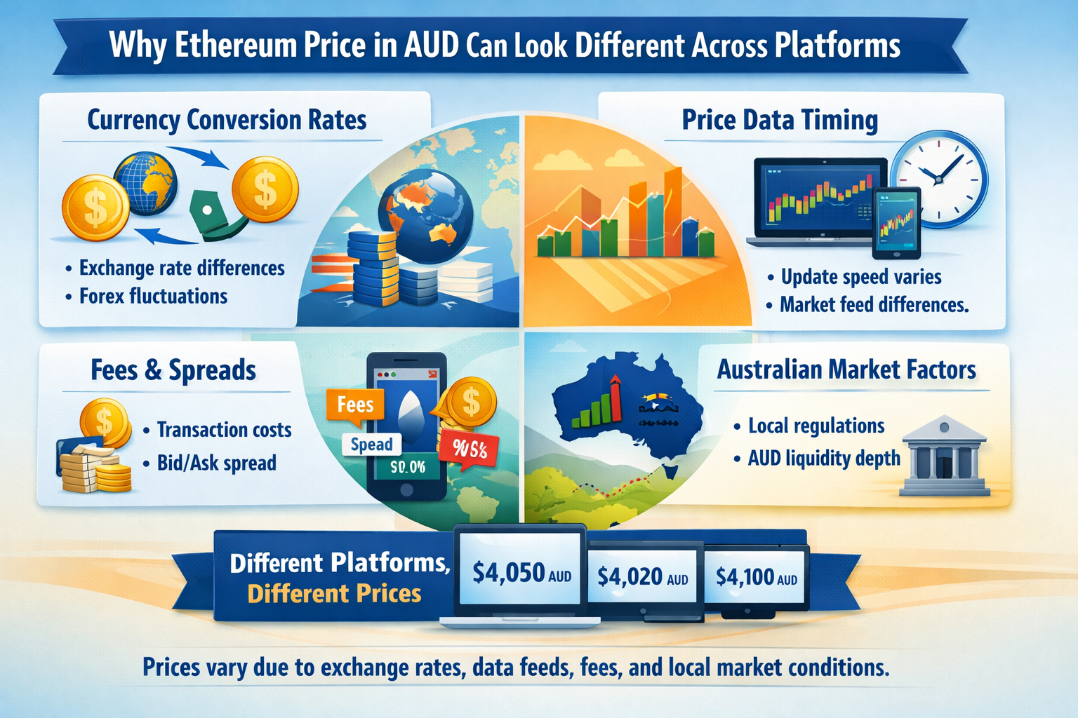 Infographic explaining why Ethereum price in AUD varies across crypto platforms due to currency conversion, timing differences, fees, spreads, and Australian market liquidity.