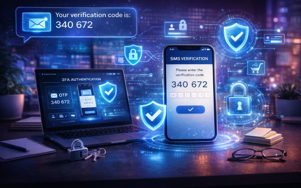 Smartphone Displaying Otp Code For Sms Verification Service With Cybersecurity Icons Representing Secure Two-Factor Authentication And Online Account Protection.