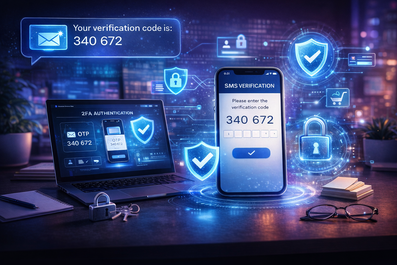 Smartphone displaying OTP code for SMS Verification Service with cybersecurity icons representing secure two-factor authentication and online account protection.