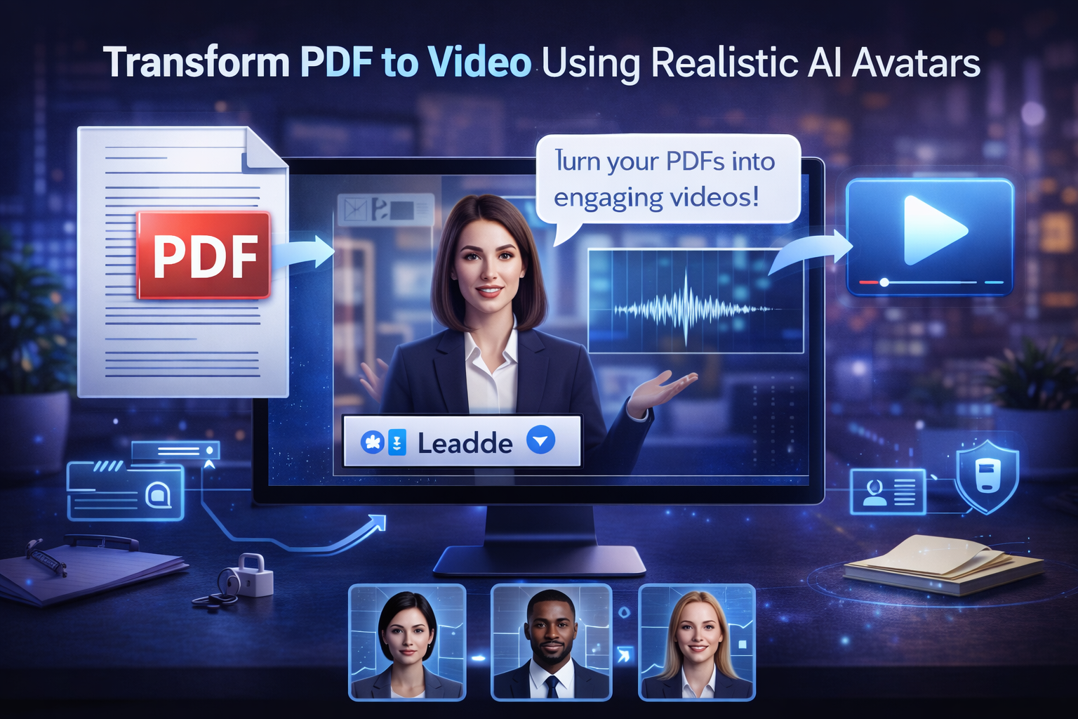 AI avatar presenting a video created from a PDF document on a computer screen, demonstrating AI-powered video generation and digital presenter technology.
