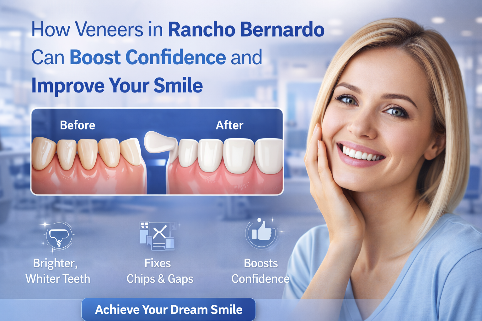 Smiling woman showing bright white teeth with dental veneers before and after comparison illustrating cosmetic dentistry smile transformation.