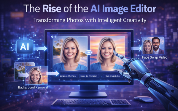 Ai Image Editor Interface Showing Photo Enhancement, Background Removal, Image-To-Animation Ai, And Face Swap Video Technology.