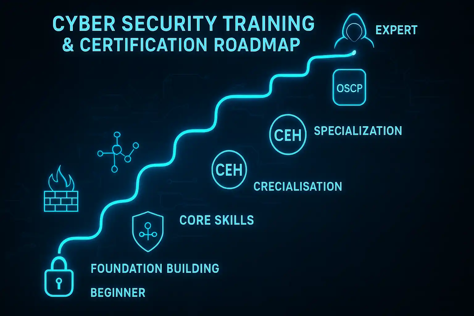 Cyber security training and certification roadmap infographic showing path from beginner to expert with certification icons and cyber elements.