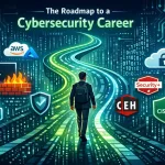 Futuristic Digital Roadmap To A Cybersecurity Career With Security Icons, Certification Badges, And A Professional Advancing Toward Success In A Neon Tech Landscape