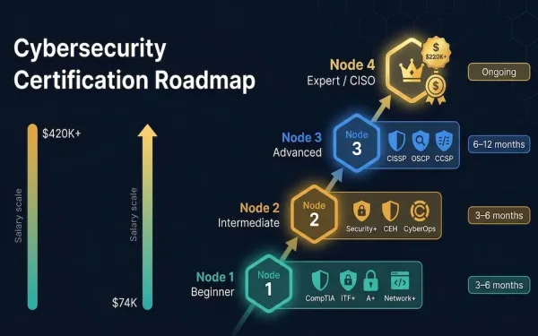Cybersecurity Certification Roadmap Showing Four Progression Stages From Beginner With Comptia Security+ Through Intermediate With Ceh And Cyberops To Advanced With Cissp And Oscp And Expert Ciso Level, With A Salary Scale From $74K To $420K+
