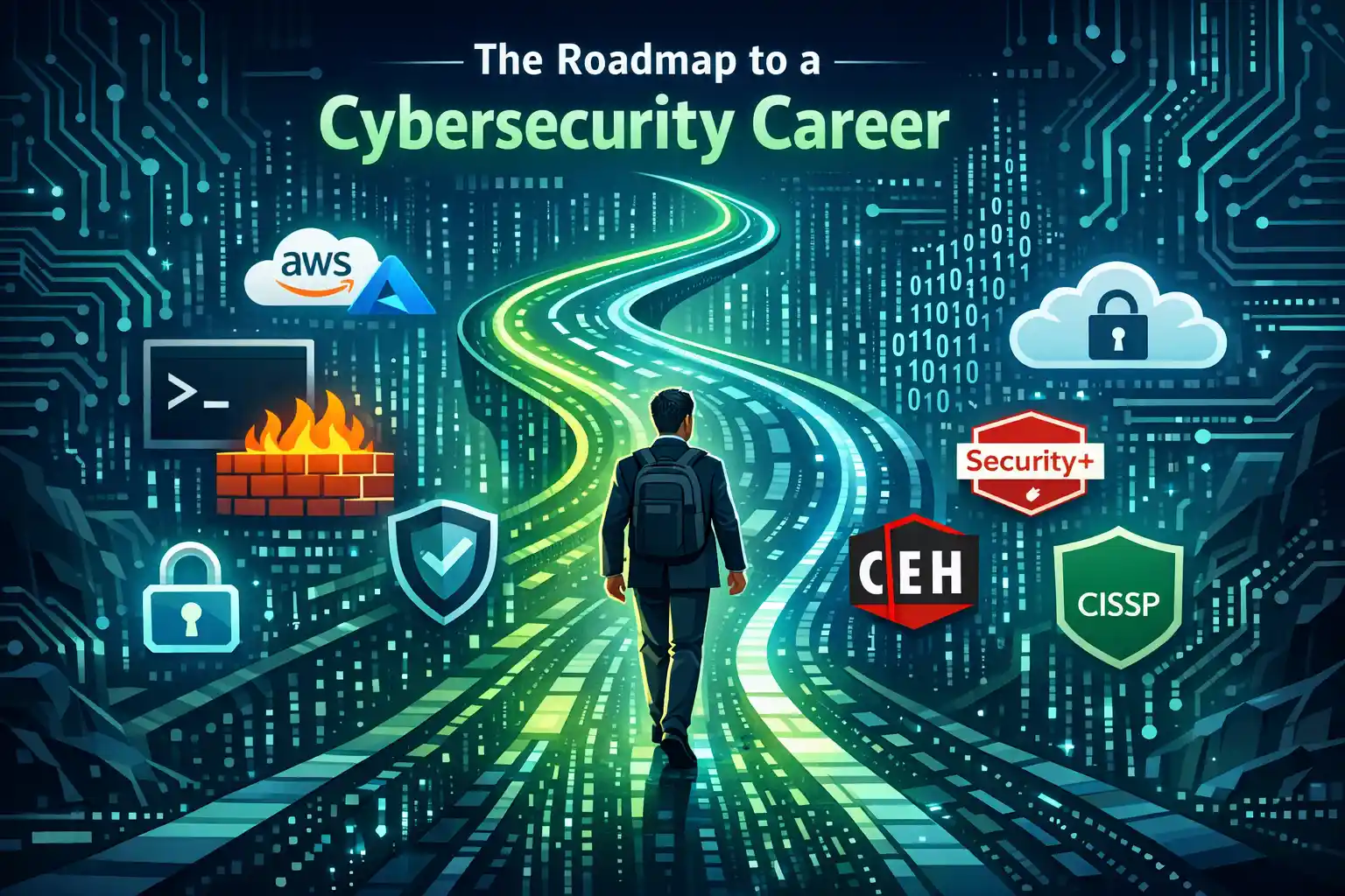 Futuristic digital roadmap to a cybersecurity career with security icons, certification badges, and a professional advancing toward success in a neon tech landscape