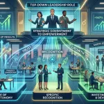 A Futuristic Illustration Of A Two-Level Modern Office With Large Windows Overlooking A Cityscape At Dusk. At The Top Level, Three Diverse Executives Stand Behind A Console Labeled &Quot;Top-Down Leadership Role&Quot; And &Quot;Strategic Commitment To Empowerment,&Quot; From Which Glowing Green And Blue Light Trails Flow Down Like Digital Circuits. These Trails Connect To Four Specialized, Illuminated Platforms On The Lower Level Where Diverse Employees Are Working. The Platforms Are Labeled: &Quot;Culture Of Trust &Amp; Autonomy&Quot; (Showing &Quot;Project Ownership&Quot; On A Laptop), &Quot;Specific Recognition&Quot; (A Woman Receives Crystal Awards From A Man), &Quot;Investing In Growth &Amp; Development&Quot; (A Diverse Group Collaborates Around A Table), And &Quot;Safety Forum&Quot; (An Enclosed Room Labeled &Quot;Psychological Safety,&Quot; Where A Person Is Speaking In Front Of Charts). In The Background, Charts Show Upward Trends Labeled &Quot;Eps % Earnings,&Quot; &Quot;+147%,&Quot; And &Quot;Bottom-Up Results&Quot; Alongside An &Quot;Innovation&Quot; Rocket Icon. The Overall Scene Is Connected And Dynamic.