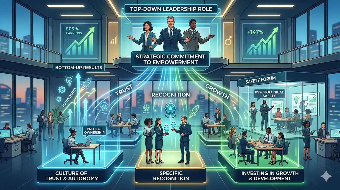 A futuristic illustration of a two-level modern office with large windows overlooking a cityscape at dusk. At the top level, three diverse executives stand behind a console labeled "Top-Down Leadership Role" and "Strategic Commitment to Empowerment," from which glowing green and blue light trails flow down like digital circuits. These trails connect to four specialized, illuminated platforms on the lower level where diverse employees are working. The platforms are labeled: "Culture of Trust & Autonomy" (showing "Project Ownership" on a laptop), "Specific Recognition" (a woman receives crystal awards from a man), "Investing in Growth & Development" (a diverse group collaborates around a table), and "Safety Forum" (an enclosed room labeled "Psychological Safety," where a person is speaking in front of charts). In the background, charts show upward trends labeled "EPS % Earnings," "+147%," and "Bottom-Up Results" alongside an "Innovation" rocket icon. The overall scene is connected and dynamic.
