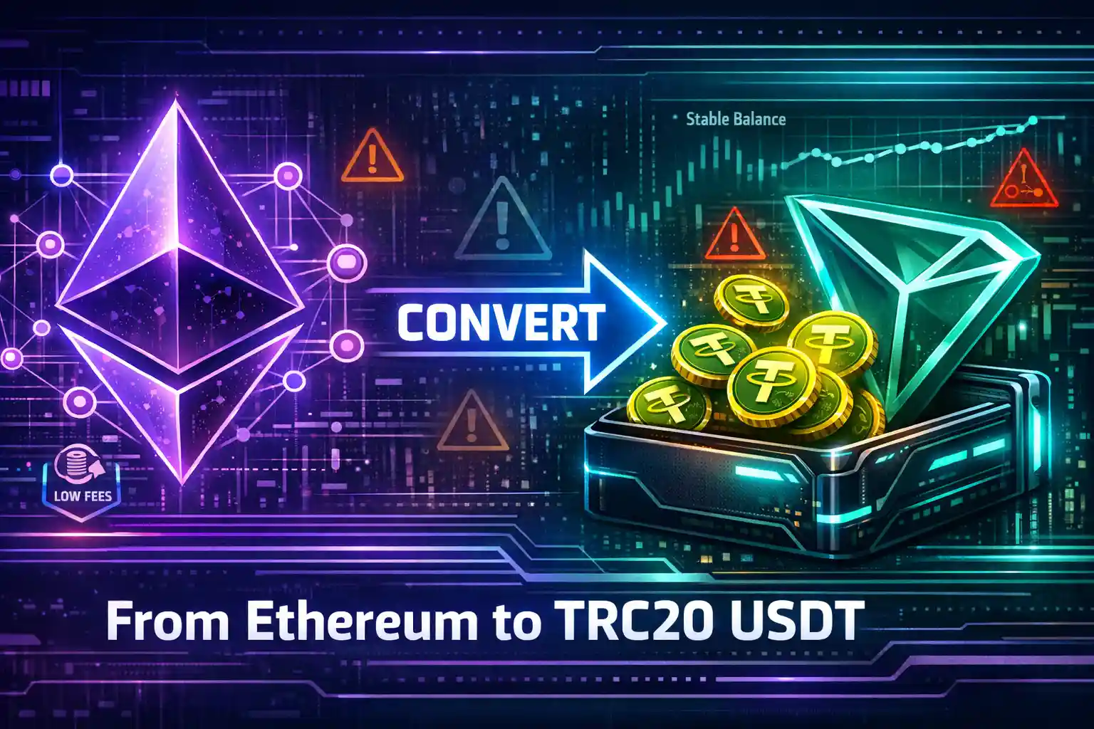 Illustration showing Ethereum logo converting via arrow to Tron network with USDT coins flowing into a wallet, representing safe stablecoin transfer.