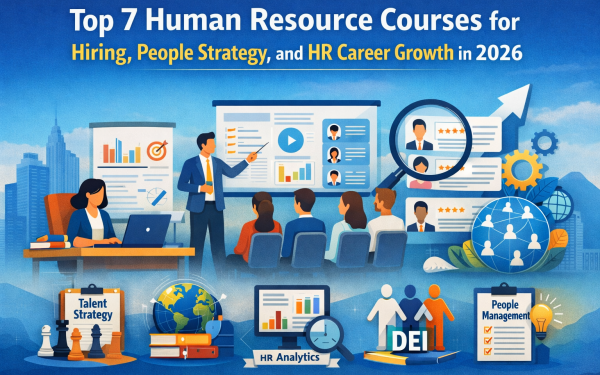 Illustration Showing Top Human Resource Courses For 2026 With Hr Analytics, Talent Strategy, Hiring, And People Management Concepts.
