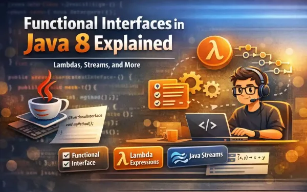Illustration Showing Java 8 Functional Interfaces With Lambda Symbols, Code Snippets, And A Programmer At A Laptop.
