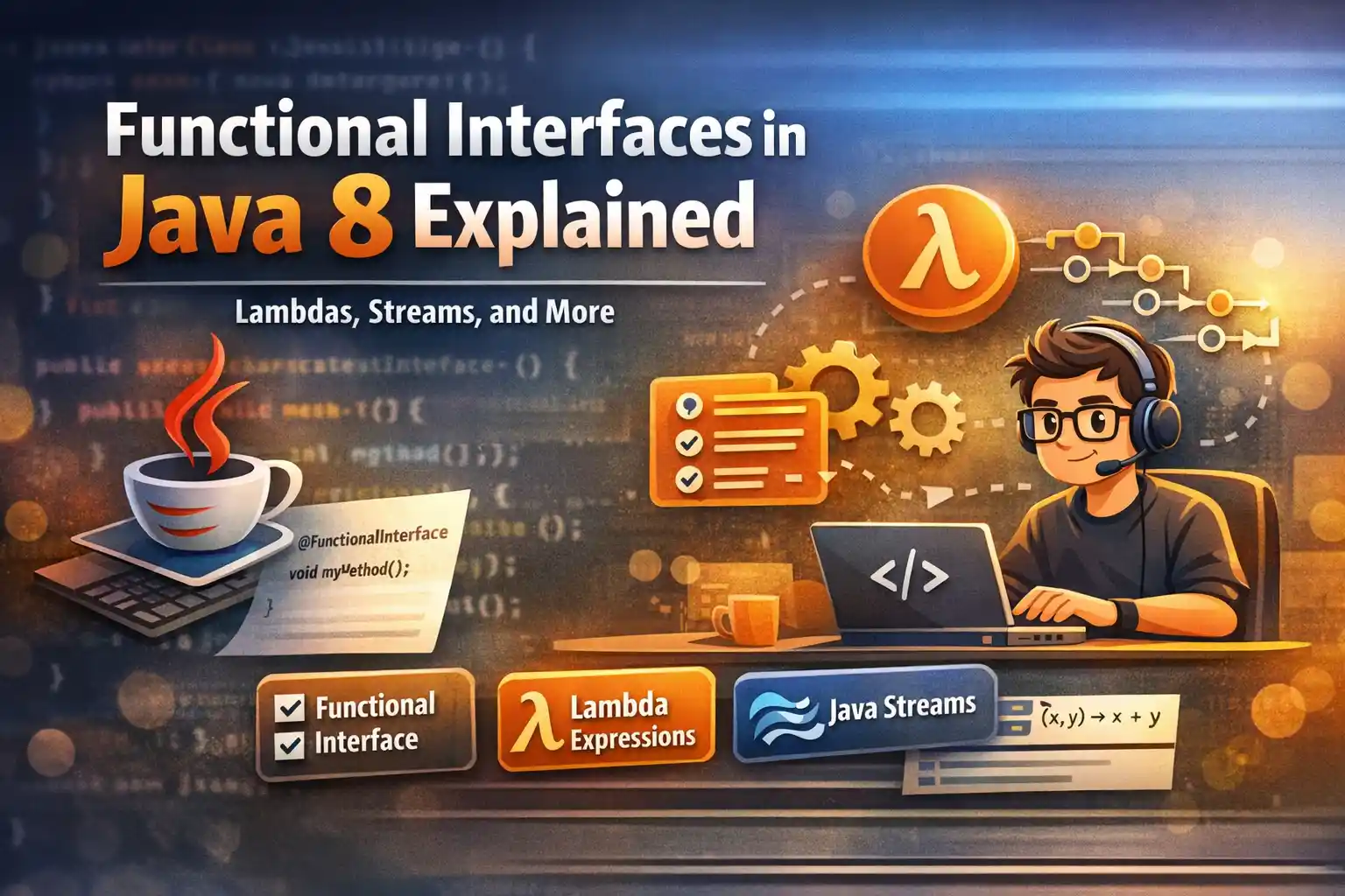 Illustration showing Java 8 functional interfaces with lambda symbols, code snippets, and a programmer at a laptop.