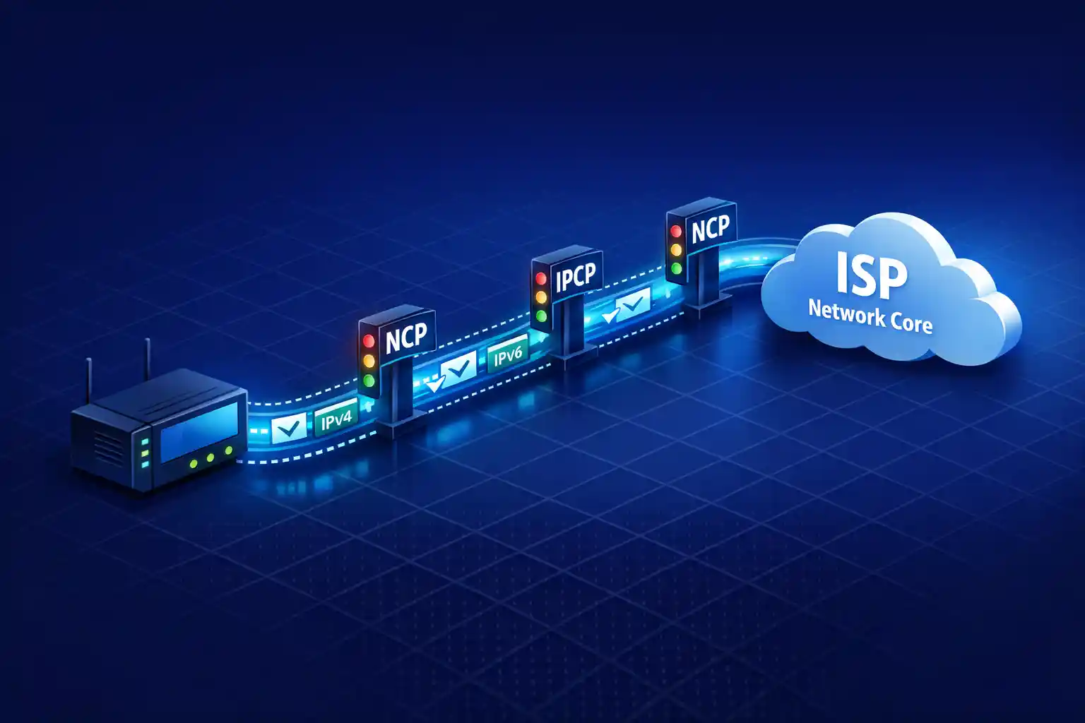 Isometric network diagram showing a glowing PPP data pipeline connecting a router to an ISP cloud, with labeled NCP and IPCP gateways and flowing IPv4/IPv6 packets on a dark blue grid background.