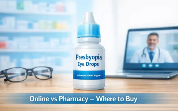 Presbyopia Eye Drops Bottle Beside Reading Glasses With Split Online Consultation And Pharmacy Background Illustrating Purchase Options