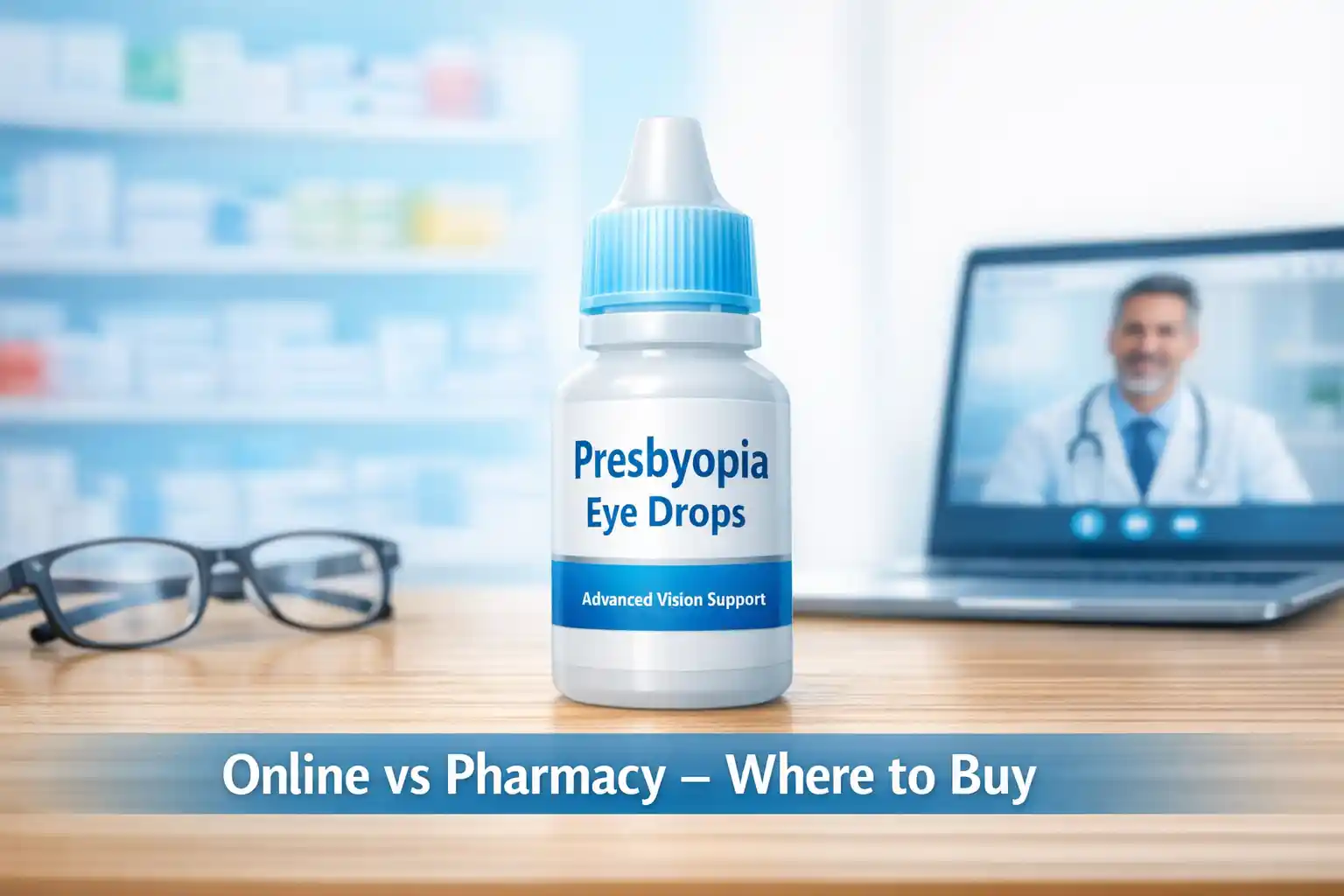 Presbyopia eye drops bottle beside reading glasses with split online consultation and pharmacy background illustrating purchase options