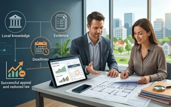 A Professional Advisor And A Property Owner Reviewing Blueprints And Digital Data On A Tablet To Prepare A Property Tax Appeal, Featuring Icons For Local Knowledge, Evidence, And Deadlines.