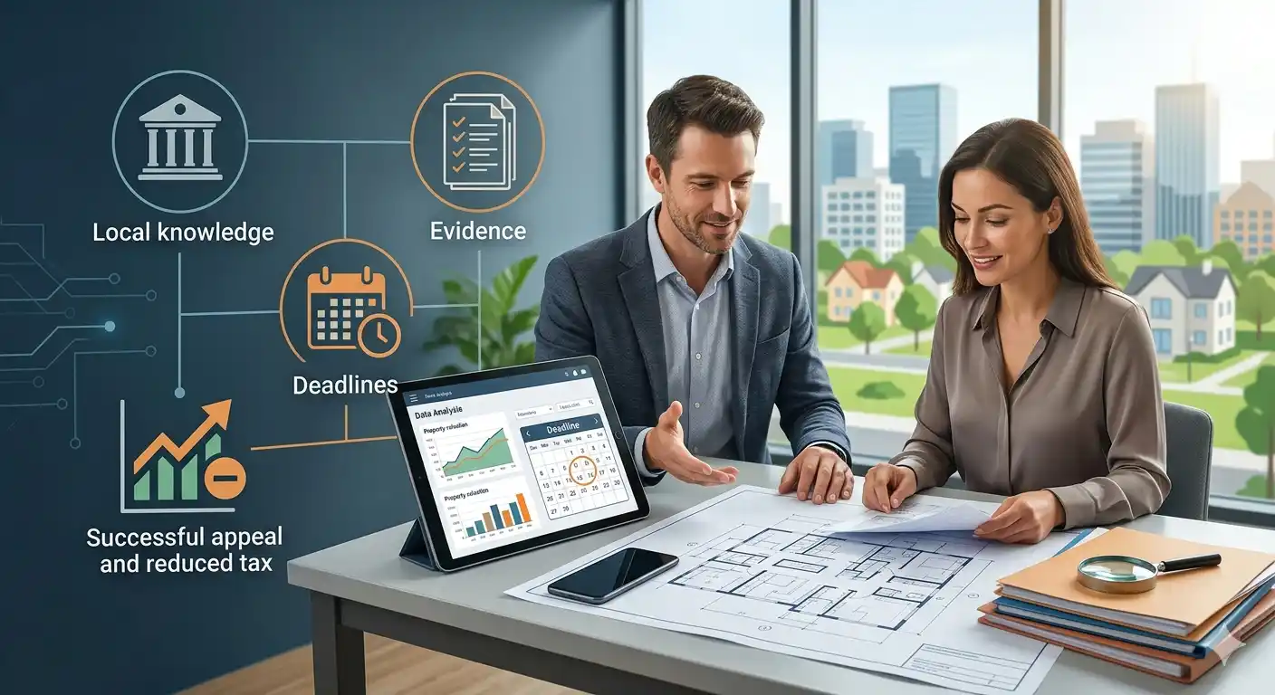 A professional advisor and a property owner reviewing blueprints and digital data on a tablet to prepare a property tax appeal, featuring icons for local knowledge, evidence, and deadlines.