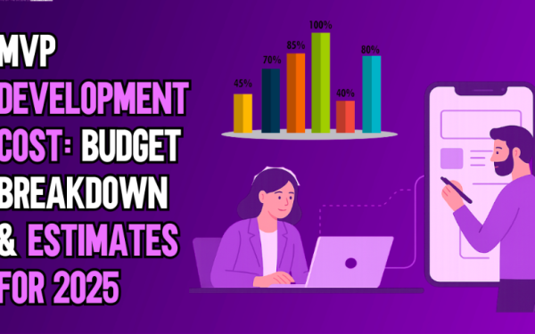 Mvp Development Cost Budget Breakdown And Estimates For 2025 Showing A Bar Chart With Percentage Growth And Developers Working On A Mobile App Ui