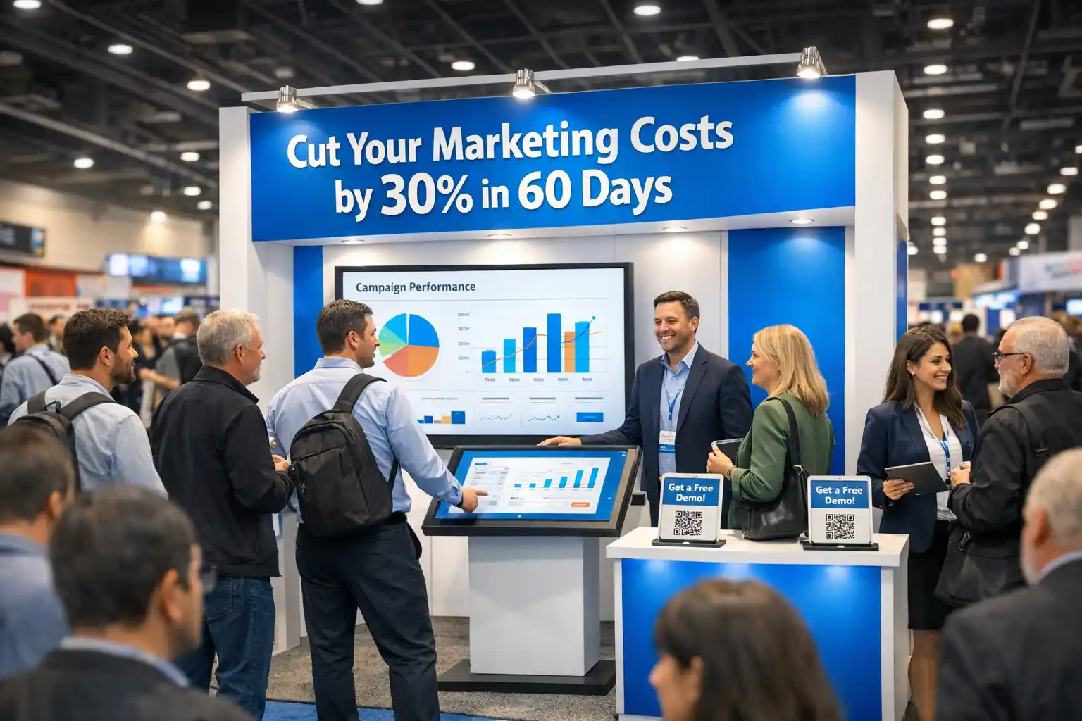 Modern small 10x10 trade show booth with bold headline, open layout and engaged visitors demonstrating how limited spaces drive big brand attention