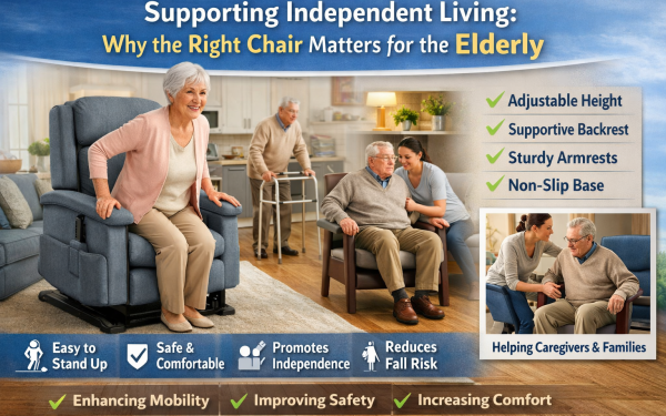 Elderly Woman Sitting Comfortably In An Ergonomic Chair With Armrests In A Modern Living Room, Showing Support, Safety, And Independence