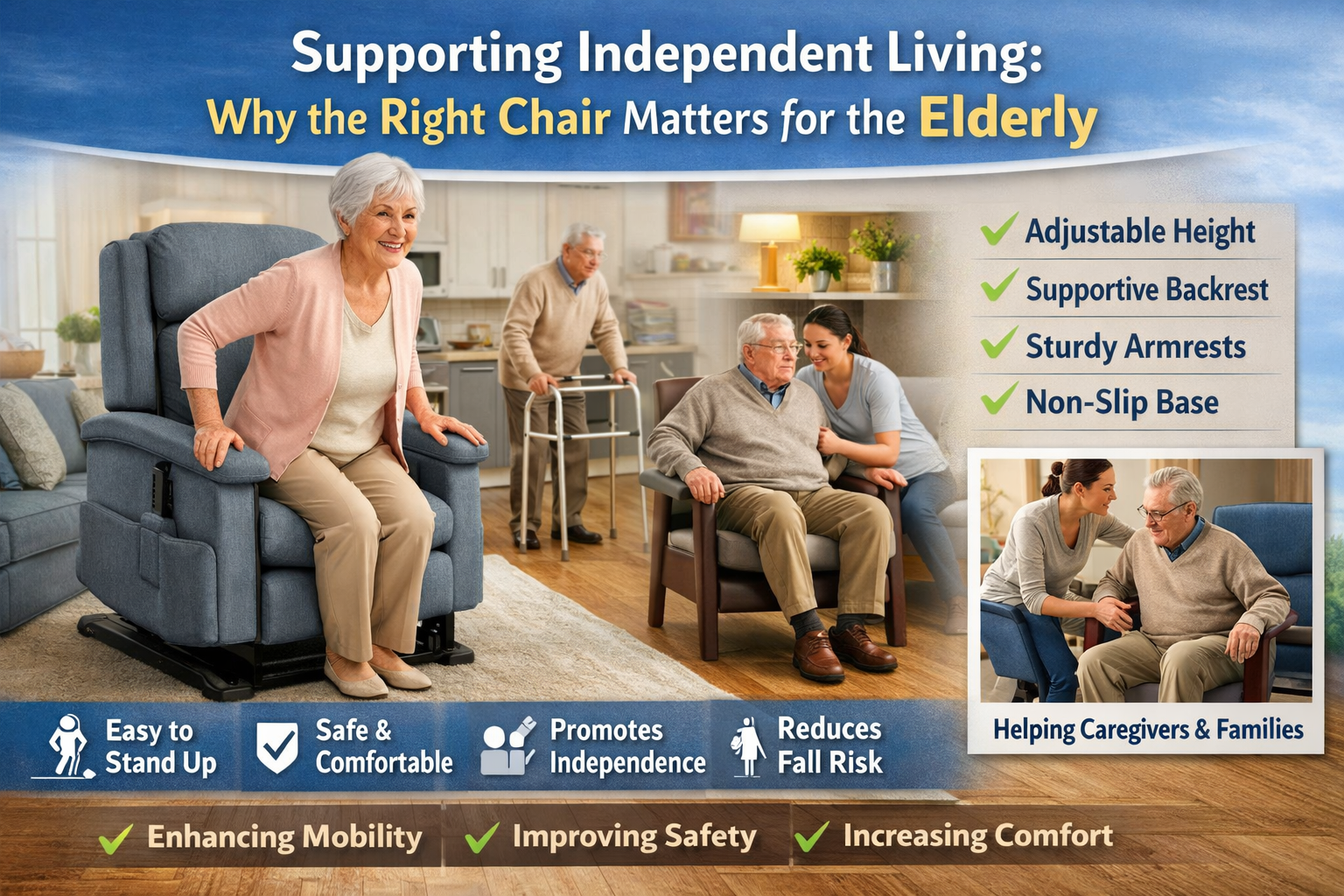 Supporting Independent Living: Why The Right Chair Matters For The Elderly 1 Elderly Woman Sitting Comfortably In An Ergonomic Chair With Armrests In A Modern Living Room, Showing Support, Safety, And Independence