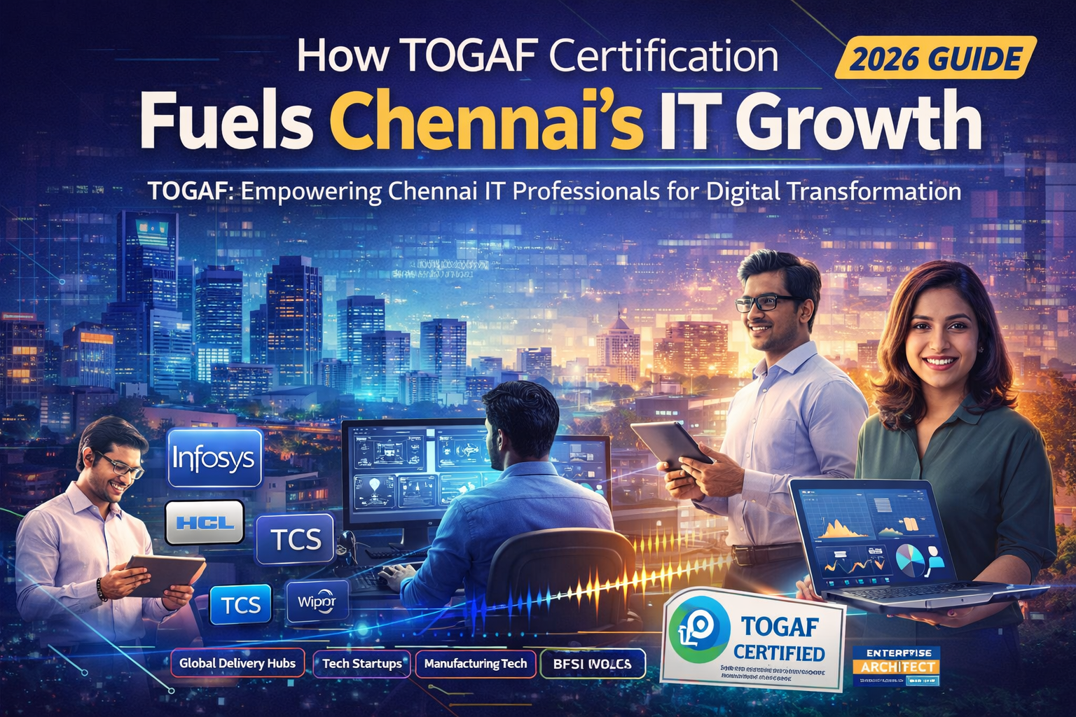 TOGAF certification illustration showing Chennai IT growth, enterprise architects, and digital transformation professionals
