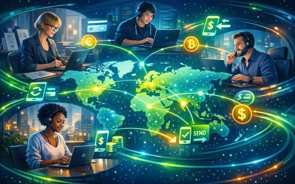 Diverse Global Remote Workforce Connected By Digital Payment Networks On A World Map Illustrating Seamless Cross-Border Transactions