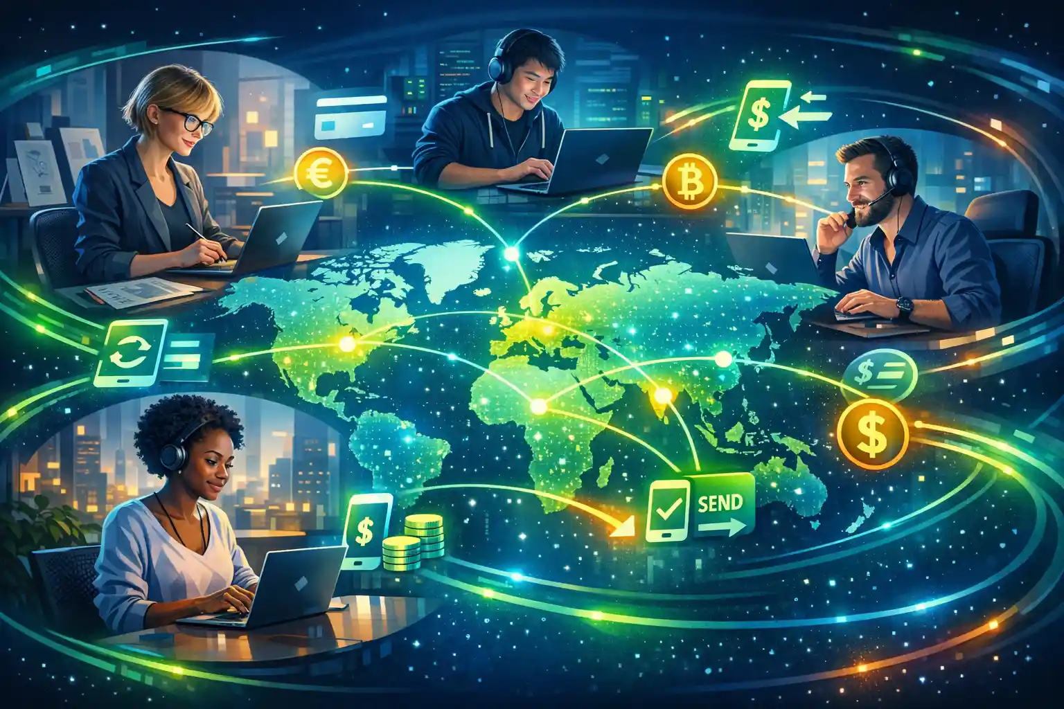 Diverse global remote workforce connected by digital payment networks on a world map illustrating seamless cross-border transactions