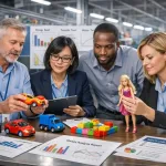 Professional Team Reviewing Toy Manufacturing Process With Colorful Prototypes, Safety Testing And Design Charts In A Modern Factory Setting